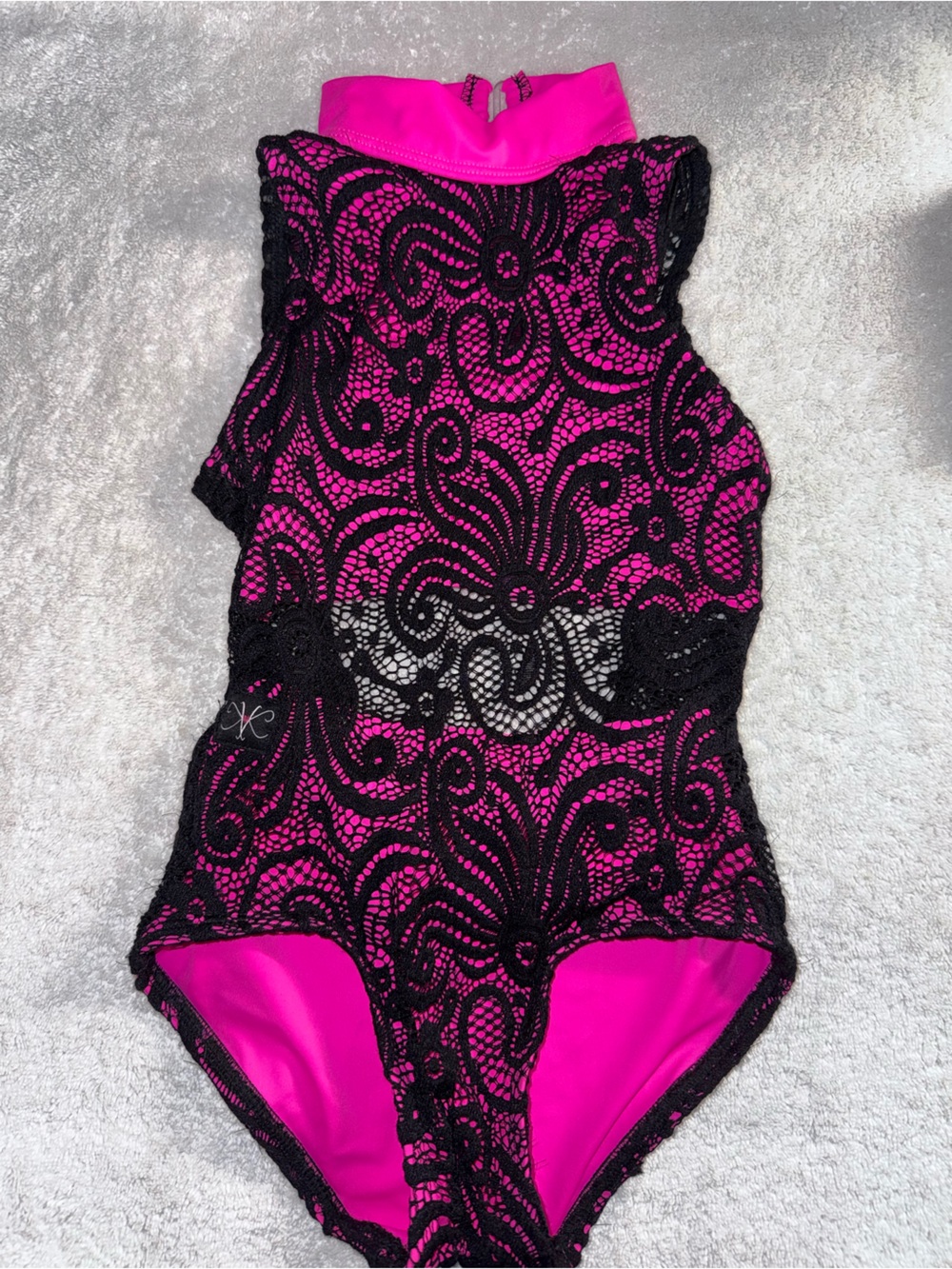 Kandi Kouture Hot Pink  Lace Leotard  with Black Mesh. Size Child Small (4/5)